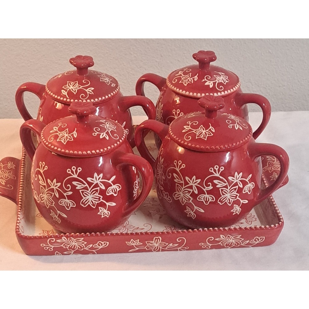 Temp-tations by Tara Floral Lace Red 4 Soup Crocks w/Lids & Serving Tray 16 Oz